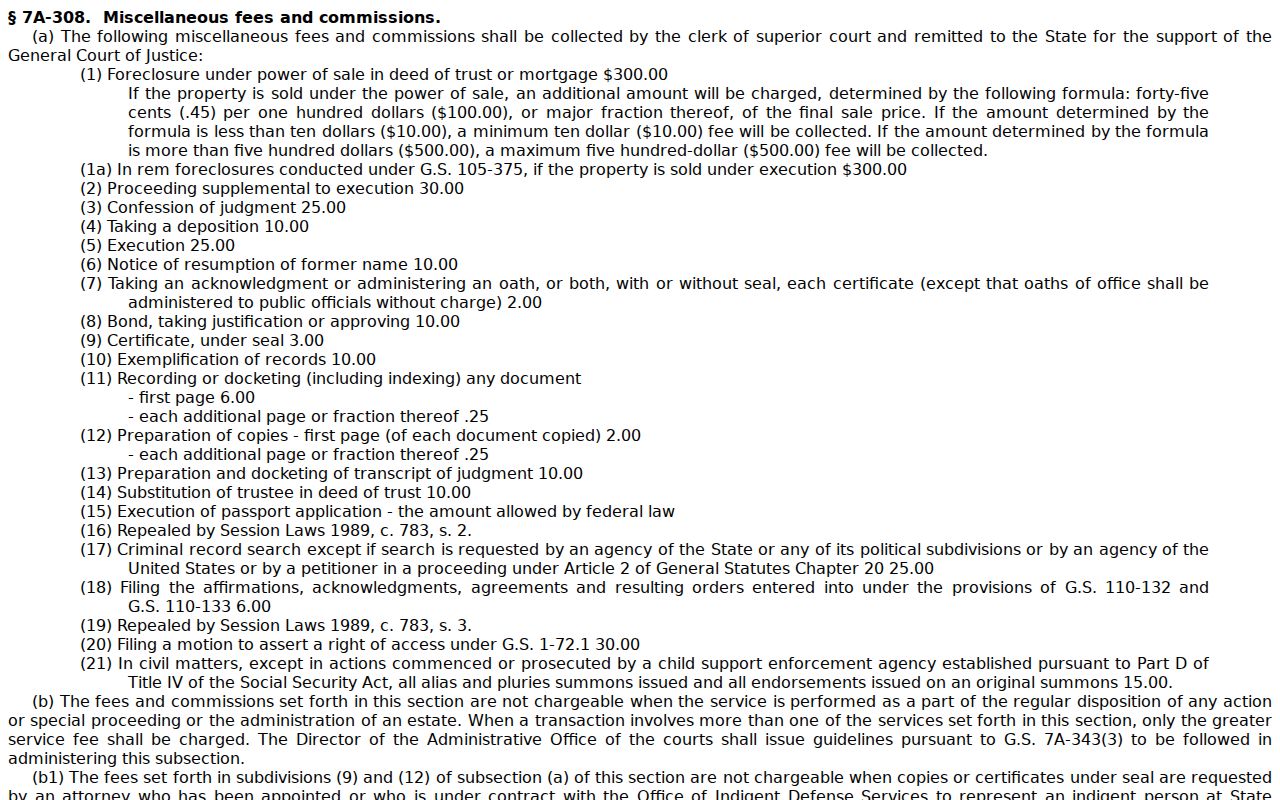 Stokes County court records statutory Clerk copy and certification fees
