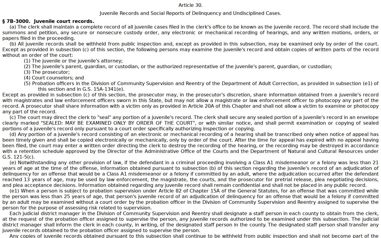Stokes County criminal docket juvenile record confidentiality statute source