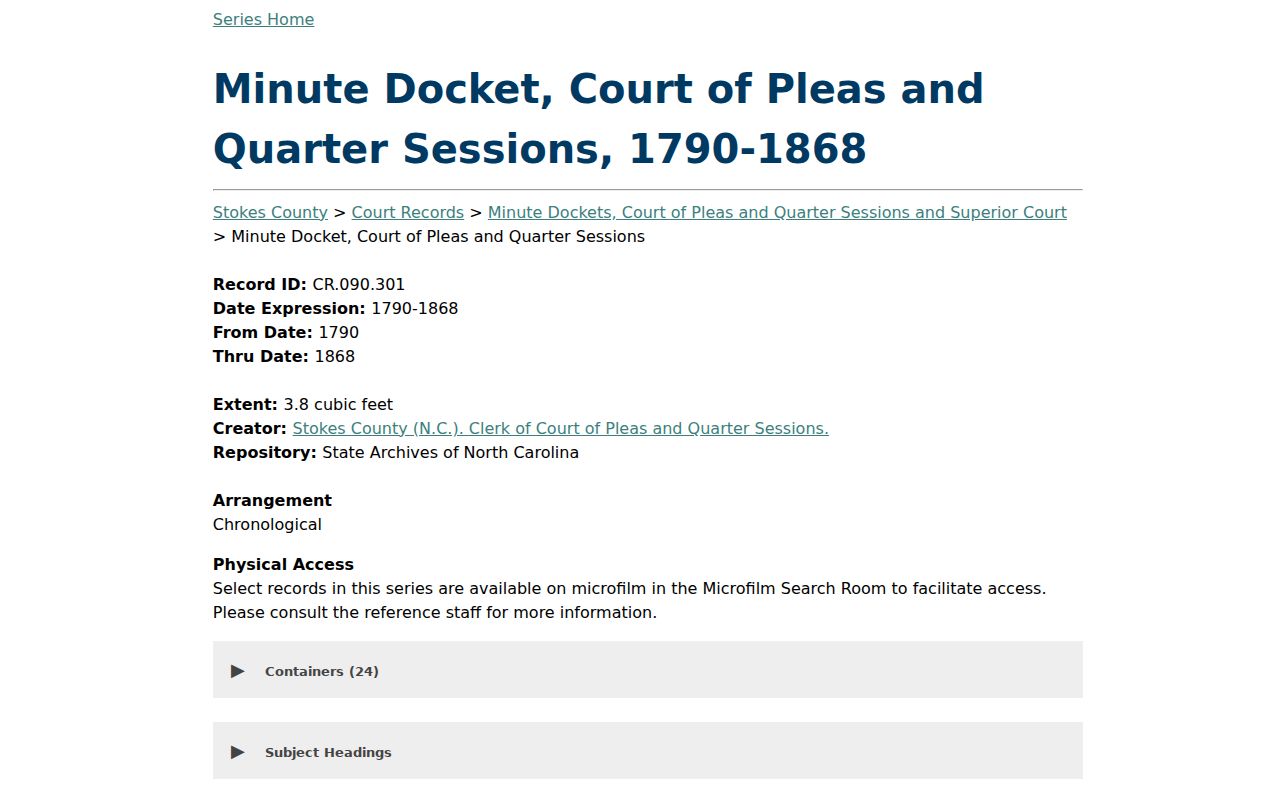 Danbury court docket historical access through the State Archives Stokes court record series