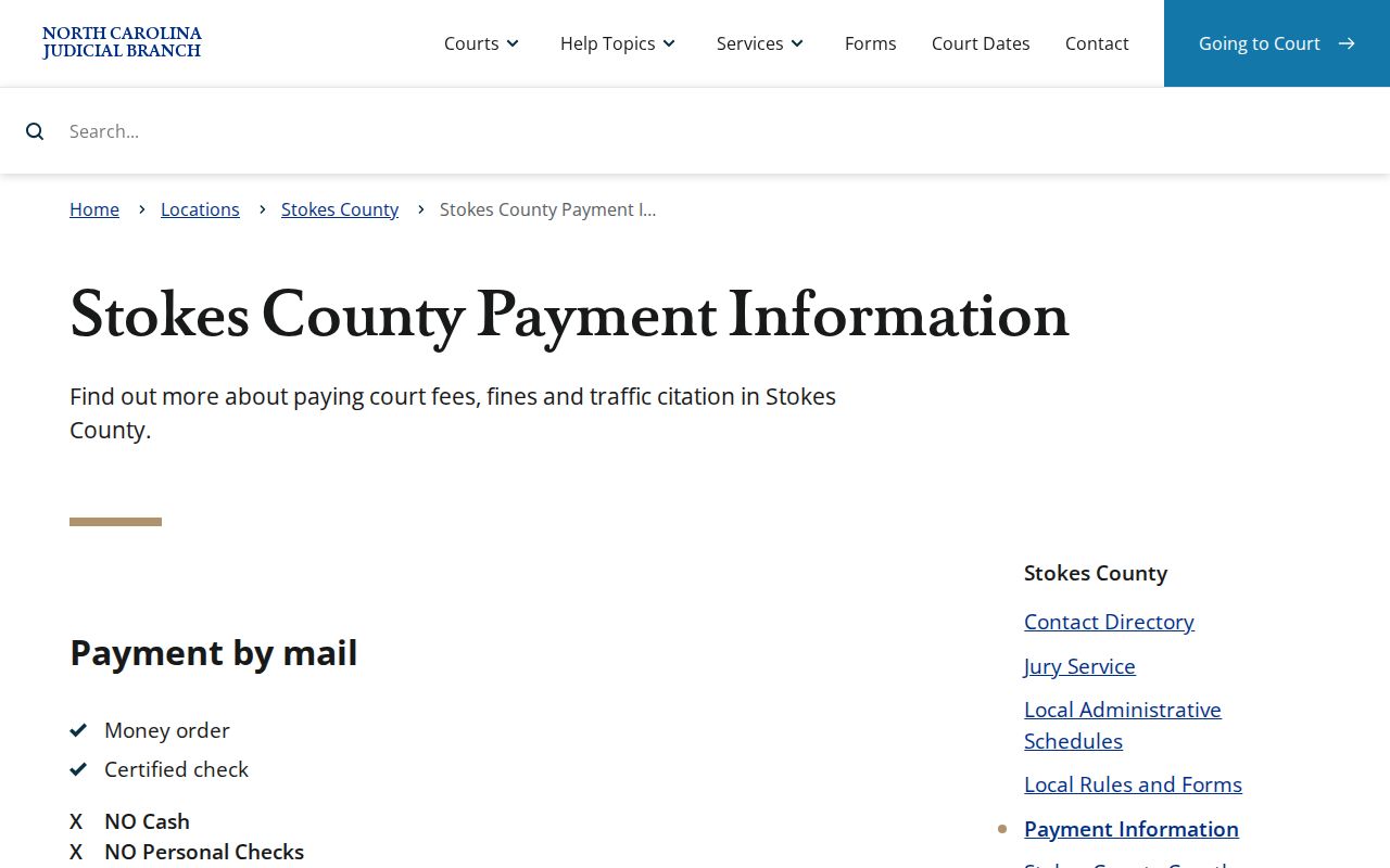 Stokes County traffic court records payment instructions for Clerk cashier mail and online
