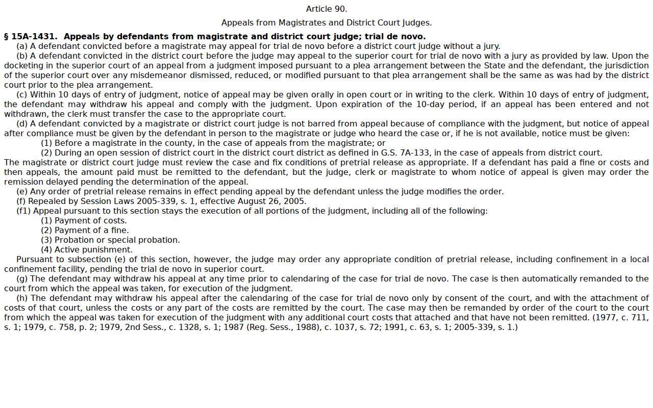 Walnut Cove court docket appeal route under North Carolina District Court statute