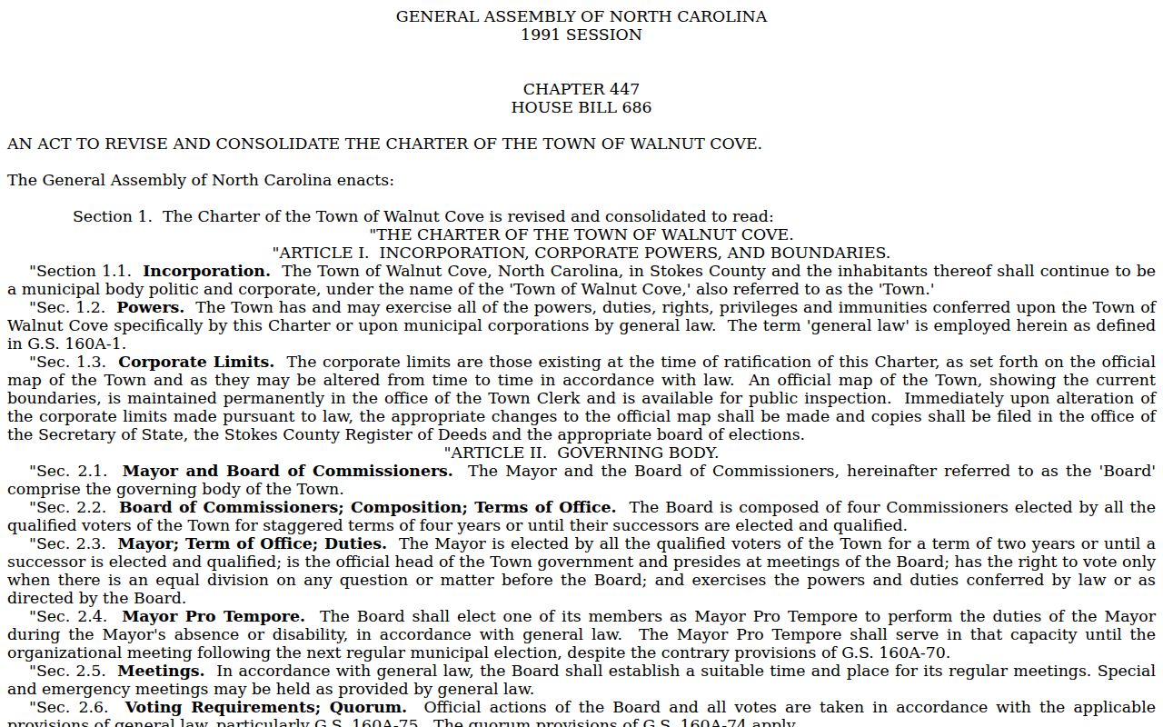 Walnut Cove court docket context from the official municipal charter